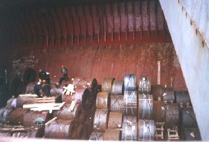 loading heavy steel coils in 3 tiers